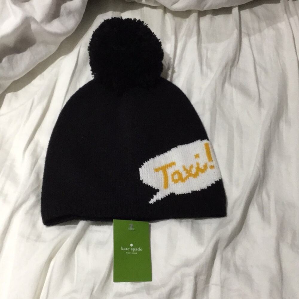 Kate spade taxi beanie black knit hat with Pom Pom NWT